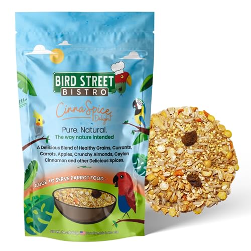 Bird Street Bistro Parrot Food - Parakeet Food - Cockatiel Food - Bird Food - Cooks in 3-15 min w/Natural & Organic Grains - Legumes - Non-GMO Fruits, Vegetables, & Healthy Spices - CinnaSpice - 1.5 Pound (Pack of 1)