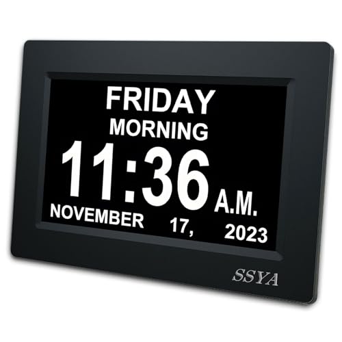 SSYA [Newest Version] 7 Inch Calendar Clock - 12 Alarm Options, Level 5 Auto Dimmable Display,Extra Large Impaired Vision Digital Clock with Non-Abbreviated Day & Month Alarm Clock (7 inch) - Black