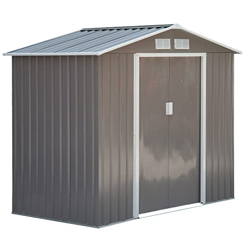 Outsunny 7' x 4' x 6' Garden Storage Shed Outdoor Patio Yard Metal Tool Storage House w/Steel Foundation Kit and Double Doors Grey - Grey