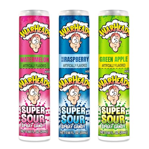 WARHEADS - Super Sour Candy Spray - Blue Raspberry, Green Apple and Watermelon Flavors - 0.68 oz. Bottles - 3 Pack - raspberry,watermelon - 0.68 Fl Oz (Pack of 3)