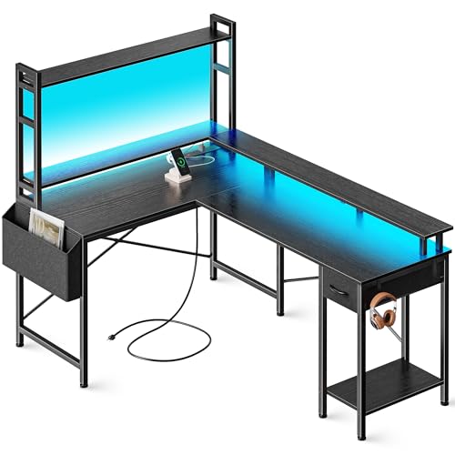 Huuger L Shaped Desk Gaming Desk with LED Lights & Power Outlets, Computer Desk with Storage Shelves, Corner Desk Home Office Desks for Bedroom, Black - Black