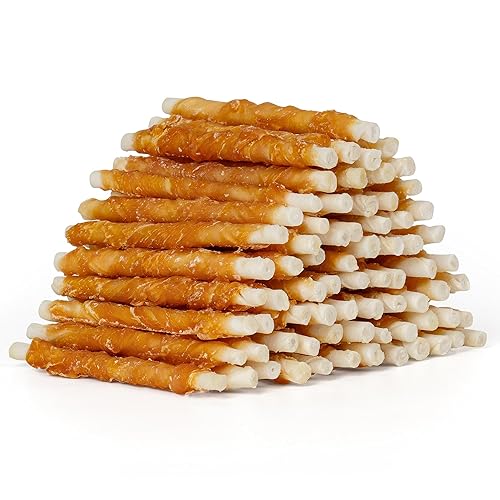 MON2SUN Dog Treats, 5 Inch Rawhide Twist Chicken Hide Sticks, Suitable for Puppy and Small Dogs, 5 Inch (Chicken, Pack of 75) - 1.98 Pound (Pack of 1)