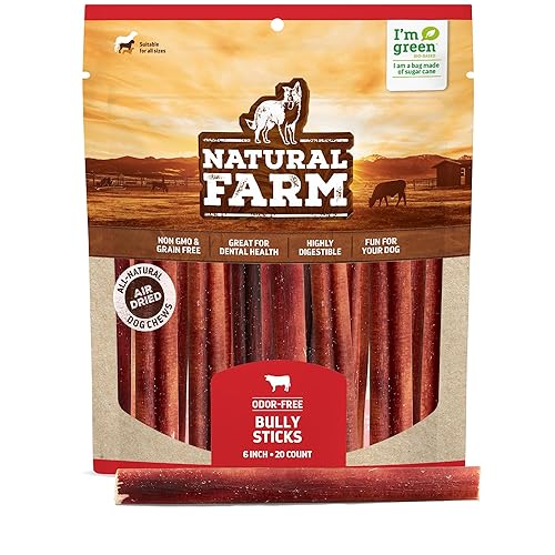 Natural Farm Odor-Free Bully Sticks (6 Inch, 20 Pack), 100% Beef Chews for Pups, Small and Medium Dogs, Non-GMO, Grain-Free, Fully Digestible, Natural Treats to Keep Your Dog Busy - 6" Standard (20 Pack)
