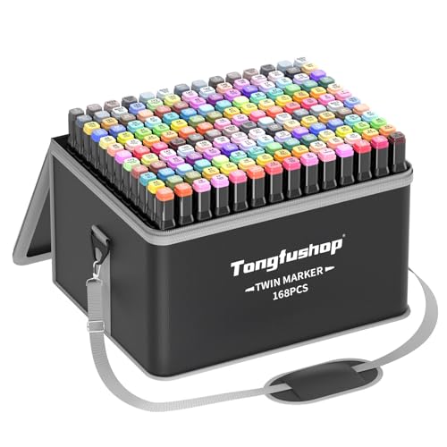 Tongfushop 168 Colored Marker Set, Colouring Pens, Markers, Art pens for Drawing, Sketching, Anime and Manga Colouring Books Adults, Double Tip Markers with Black Bag and Storage Base - 168