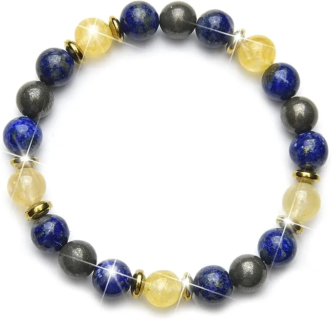 Fukugems Feng Shui Bracelet, Money Attraction Bracelet, Good Luck Beaded Bracelet, Entrepreneur Business Relationship Bracelet, Happy Mood Crystal Bracelet - Lapis+citrine+pyrite