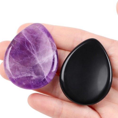 XIANNVXI 2Pcs Healing Crystals Stones Amethyst Obsidian Crystal Thumb Worry Stones Natural Polished Gemstones Palm Pocket Stone