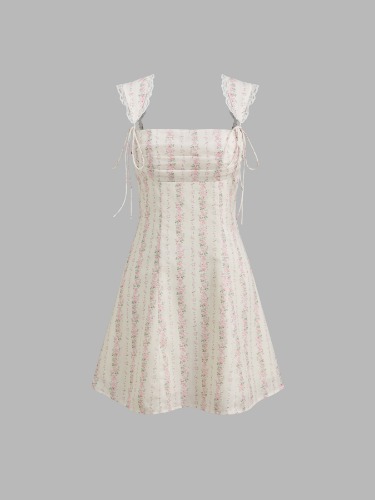 Square Neck Floral Lace Trim Knotted Mini Dress