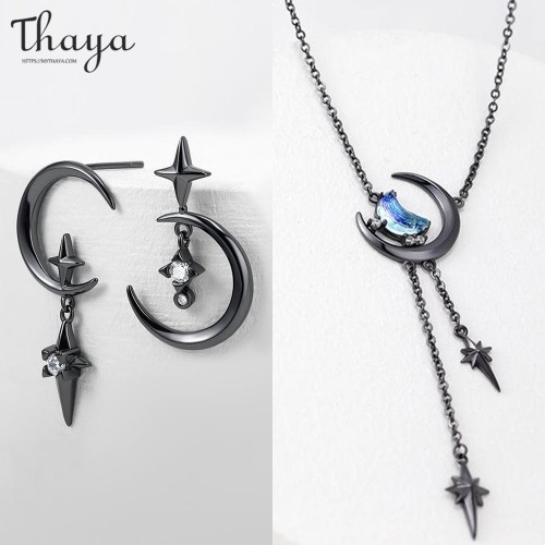 Thaya Vintage Moon Pendant Necklace+Moon Crystal Stud Earrings Set