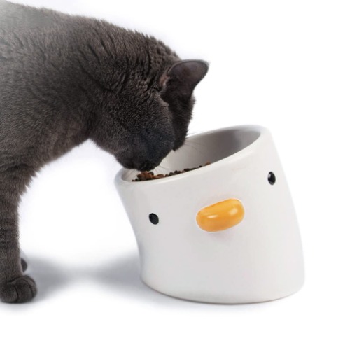 PURROOM Raised Cat Bowl 18° Prevent Vomiting & Protect Pet's Cervical Spine, Handmade Glaze Duck Safety Ceramics, Cute Chick Shape, 2.2lb Weight, Suitable for Small Dogs & All Cats. - Tilting Cat Bowl