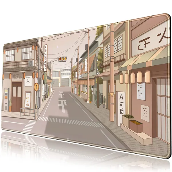 Tokyo Street Desk Mat Anime Japanese Mouse Pad XL Kawaii Large Gaming Mousepad XXL Beige Cute Desktop Mat Laptop Keyboard Mouse Mat Desk Pad Big 31.5''x15.7'' with Stitched Edges Non-Slip Rubber Base
