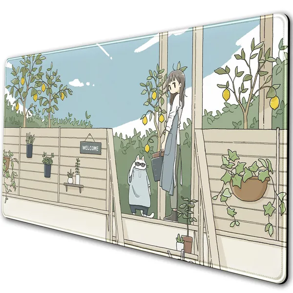 Cute Anime Mouse Pads,Japanese Street Mousepad Kawaii Cat Gaming Desk Mat XXL Extended Mouse Pad with Stitched Edges Aesthetics Scenery Village/City Large Keyboard Mat for Office Home Work