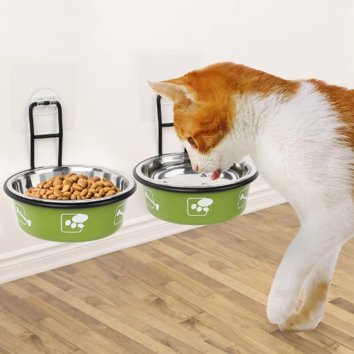 Torlam Elevated Cat Bowls, Wall Mounted Cat Food Dish, Raised Cat Food and Water Bowls, Stainless Steel Elevated Pet Bowls with Stand, Nonslip No Spill Pet Feeding Bowls (2 Packs) (Green) - Green