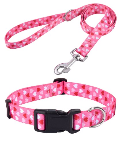 Mihqy Valentine's Day Dog Collar and Leash Set - Adjustable Heart Dog Collar - Love Theme - Perfect for Small Medium Large Dogs(Pink Heart Set,M) - M (Neck 12.9-21.6", Width 3/4") Z-Pink Heart