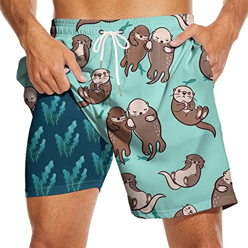 Prowinly Men's Swim Trunks 7 Inch Inseam with Compression Liner Quick Dry Beach Shorts for Mens Board Shorts Swimwear - Otter