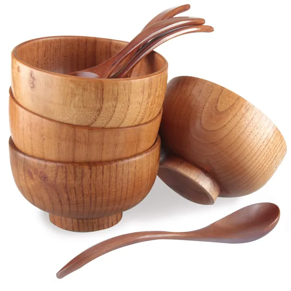 Handmade Wood Bowls, Jujube Wooden Japanese Bowls with Matching Spoon for Rice, Soup, Dip, Salad, Tea, Decoration 4 Sets (4 Bowls + 4 Spoons) - 