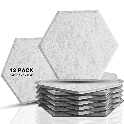 Sonic Acoustics 12 Pack Hexagon Acoustic Panels, 14" X 12" X 0.4" High Density Sound Absorbing Panels Sound Proof Insulation Beveled Edge Studio Treatment Tiles (Silver Grey) - No-adhesive - Silver/Gray