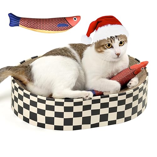 Conlun Cat Scratcher Bed,2 in 1 Oval Cat Scratching Board for Indoor Cats,Cat Scratch Pad Corrugated Cardboard Lounge Bowl Nest Couch Sofas for Kitty Play&Rest,Holiday Birthday Gift with Cat Toy Fish - Cat Toy Fish+Checkerboard