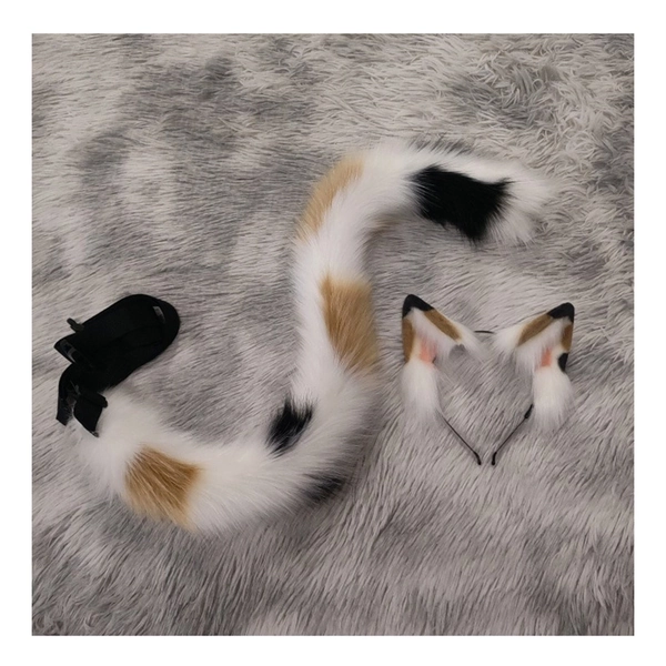 Realistic Furry Calico Cat Ear Tail Set, Handmade Animal Headband Kitty Pet Play Ears, Plush Animal Tail,Cos Cat Tail,Cosplay Animal Ear.