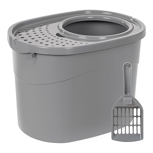 Amazon Basics Large Cat Litter Box with High Sides, Top Entry, Includes Scoop, 20.5 x 14.75 x 14.38 inches, Grey - Grey - Top Entry