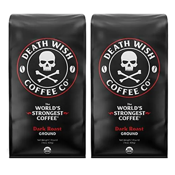Death Wish Coffee Dark Roast Grounds -16 Oz, The World's Strongest Coffee - 2 Packs of Bold & Intense Blend of Arabica & Robusta Beans - USDA Organic Ground Coffee - Double Caffeine for Daily Lift - Dark Roast - 16 Ounce (Pack of 2)