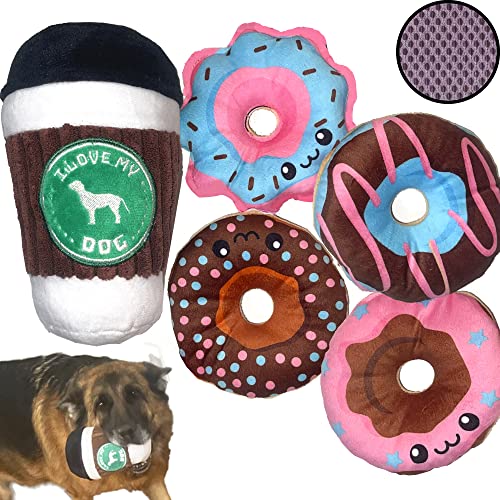 Jalousie Ultra Tough Funny Dog Squeaky Toys - Fun to Play with Fun to Watch - Dog Chew Toy Parody Dog Toy - Coffee Cup and Donuts (5 PACK)