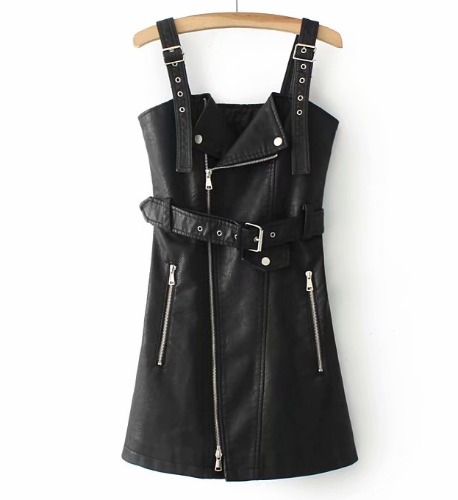Sexy Sash Zipper Leather Dress yc22789 | S / black