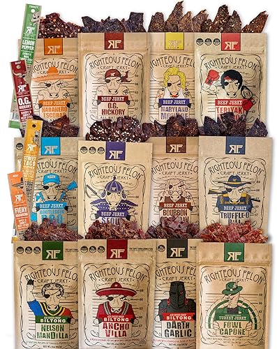 Righteous Felon Beef Jerky & Meat Sticks Variety Pack | Beef Jerky Gifts for Men | High Protein, Keto, Low Sugar | Made with Premium Meats | Gluten Free Beef Jerky Snack Packs | Whole Shebang 16 Pack - Whole Shebang 16 Pack