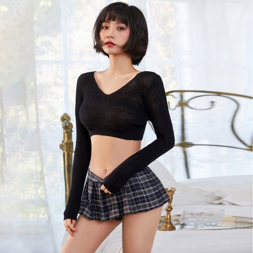 Ribbed Knit Crop Top & Plaid Mini Skirt - Daring Schoolgirl Set - Black / M