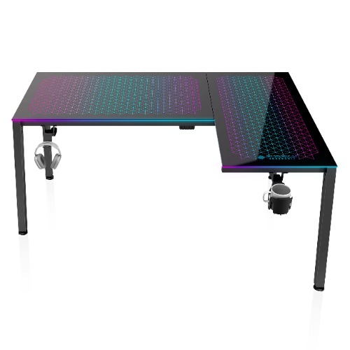 EUREKA ERGONOMIC Music Sensing RGB LED Lights Glass Gaming Desk, 60 Inch L Shaped Reversible Top, Home Office Corner Computer Studio Table Gifts GTG L60 w Cup Headset Socket Holder, Smart APP Control - 60 Inch