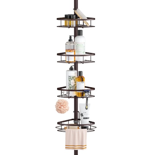 SEIRIONE Rustproof Shower Corner Caddy Organizer for Bathroom, Freestanding Tension Pole with 4 Baskets, for Bathtub Shampoo Accessories Storage Rack,56 to 114 Inch Height, Bronze - Bronze