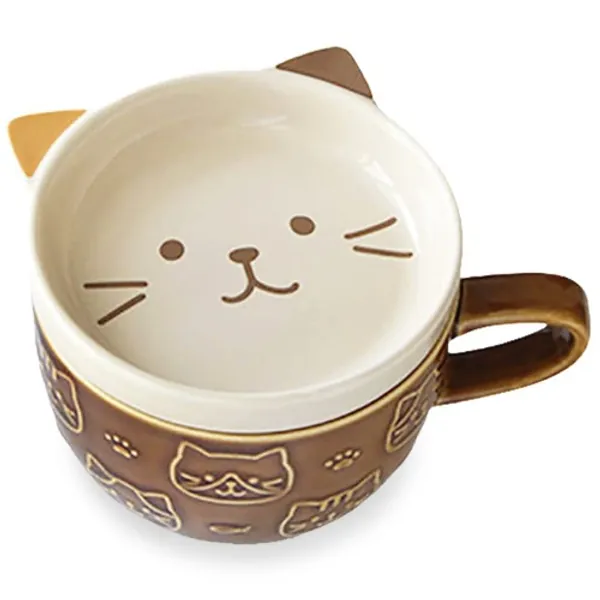 Cute Ceramic Cat Mug with Lid, Kawaii Coffee or Tea Cup for Cat Lovers, Unique Novelty Cat Gift, Mug and Lid Set (Brown) - Brown