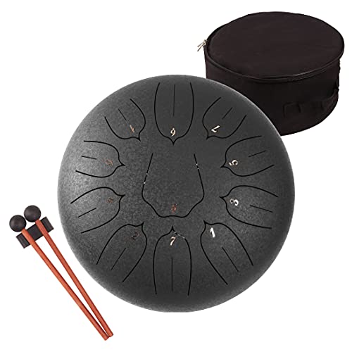 Steel Tongue Drum - Percussion Instrument -Handpan Drum with Bag, Music Book, Mallets, Finger Picks (12", black) - 12" - BLACK