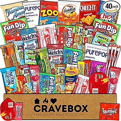 CRAVEBOX Care Package (40 Count) Snack Box - Variety Assortment Bundle of Snacks, Candy, Chips, Chocolate, Cookies, Granola Bars, for Students, Office, Midterms, Final Exams