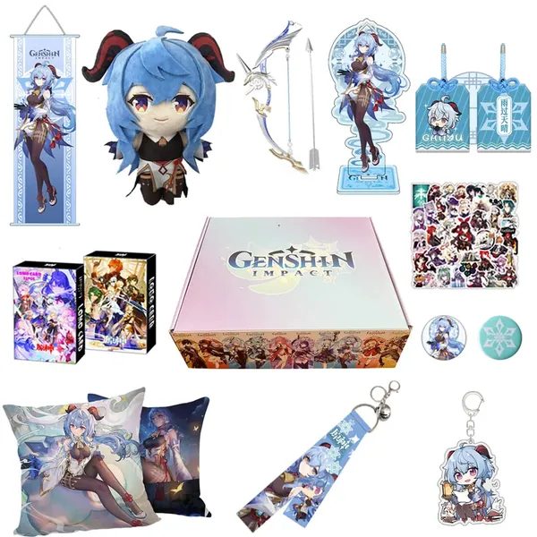 Genshin Impact Box - Including Doll,Pillowcase,Hanging Pictur,Stand,Amulet,Keychain,Pendant,2 Brooch,30 Lomo Card,50 Sticker