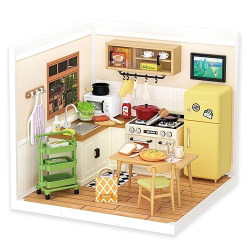 Rolife DIY Miniature Plastic House Building Set Toys Playset with LED Suitable for Mini Figures Construction Toys Diorama Kit Gifts for Teens Adults (Happy Meals Kitchen)