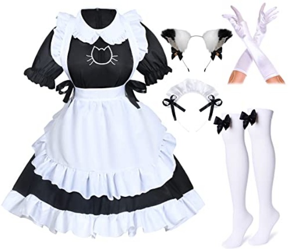 Anime French Cat Maid Apron Fancy Dress Cosplay Costume Headwear Gloves Socks Set(Black M) - Medium - Black