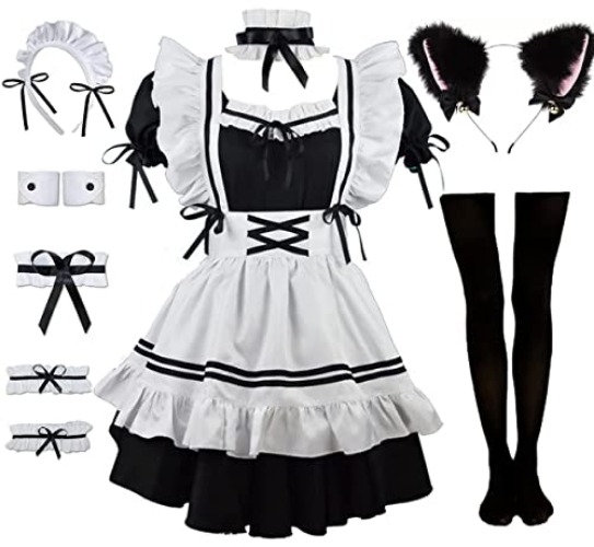 Rickem Ladies Anime Cosplay French Black white bow Apron Dress Halloween Makeup Costume 8PCS Set - Medium - Black