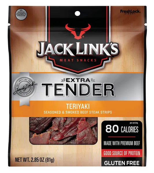 Jack Link’s Extra Tender Beef Jerky Steak Strips, Teriyaki, 2.85 oz – Flavorful Meat Snack, 9g of Protein and 80 Calories, Made with Premium Beef - Gluten Free and No Added MSG or Nitrates/Nitrites - Teriyaki