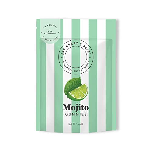 Ask Mummy & Daddy Mojito Cocktail Gummies 50g Pouch | Fizzy Mint Leaf Sweeties | Lime, Mint and Rum Flavoured Sweets | Chewy Gourmet Jellies | Palm Oil Free and Alcohol Free - Mojito - 50 g (Pack of 1)