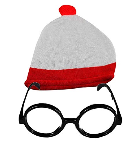 RIDDLED WITH STYLE Mens Red/White Tshirt Hat Glasses 3 Piece Set Womens Red/White Tshirt Hat Glasses Socks 4 Piece Set Kids Red/White Tshirt Hat Glasses 3 Piece Set Book Week Fancy Dress - One Size - Bobble Hat & No Lens Glasses