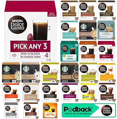 Nescafe Dolce Gusto Coffee, Tea, Chocolate Pods. Pick Any 3 Packs from 40+ Blends Inc: Decaf, Caramel, Cappuccino, Latte, Mocha, Espresso, Skinny, Nesquik, Cafe Au Lait, Vanilla and More