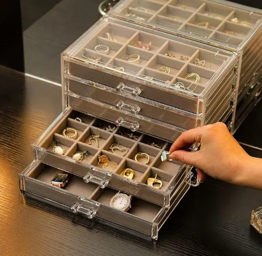 Cq acrylic Earring Jewelry Organizer with 5 Drawers,Clear Acrylic Jewelry Box for Women,Velvet Earring Display Holder for Earrings Grey