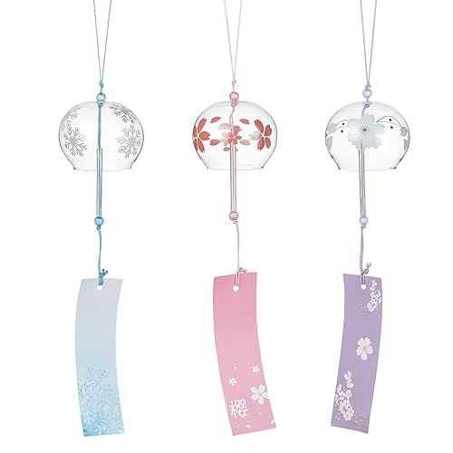 BENECREAT 3PCS Japanese Wind Chimes Pink/Blue/Purple Glass Wind Bells Handmade Pendants for Birthday Gift and Home Decoration - Pink/Blue/Purple