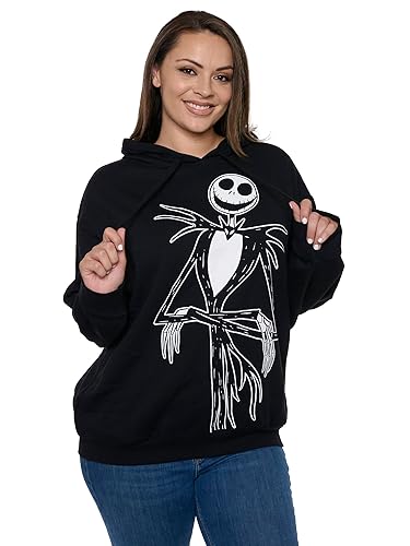 Disney Womens Pullover Hoodie Side Slit Pockets Jack Skellington - Black - 2X