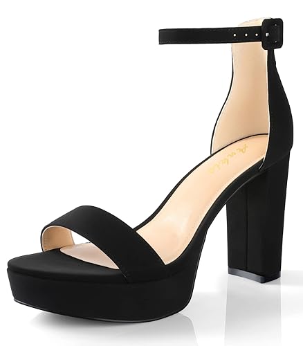 Ankis Platform Heels 4 Inches Chunky heels Sandals for Women Comfy Open Toe Block Heeled Sandals Black Nude White Silver Gold Ankle Strappy Heels Black Chunky Platform Heels for Women Summer Dress Shoes - 8.5 - A- Black Nubuck