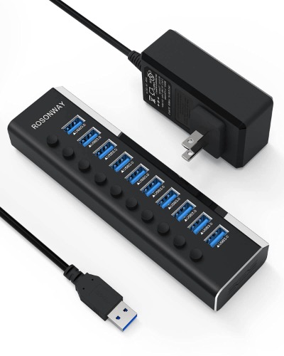 Powered USB Hub, Rosonway Aluminum 10 Port USB 3.0 Data Hub with 36W (12V/3A) Power Adapter and Individual On/Off Switches USB Splitter(RSH-A10) - 