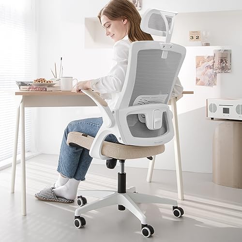 NEO CHAIR Office High Back Mesh Headrest Adjustable Height and Ergonomic Design Home Office Computer Desk Executive Lumbar Support Padded Flip-up Armrest Swivel Chair (Black) - Beige
