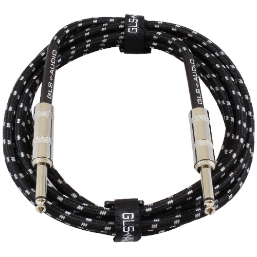 GLS Audio Instrument Cable - 1/4 Inch TS to 1/4 Inch Instrument Cable for Bass/Electric Guitar- Black/Grey Braided Tweed, 10ft - 10 Ft. Straight Black