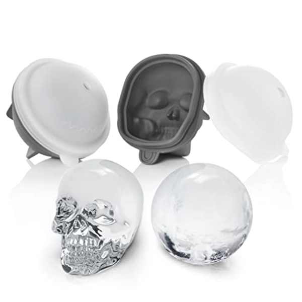 Shaped Extra Large Giant 2.75 Inch 3D Skull & Sphere Ice Molds (Set of 2), Large Whiskey Ice Ball Molds, Bourbon Ice Tray Gift Set, Spherical Ice & Skull Ice Maker