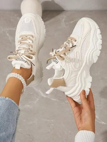 Women Letter Patch Decor Lace-Up Front Chunky Colorblock Sneakers | SHEIN USA
